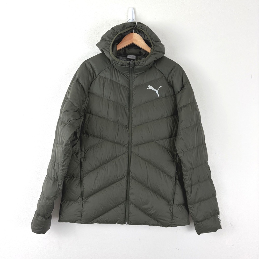 Puma Mens PWRWarm PackLITE Down Puffer Jacket Olive Green Hooded Large